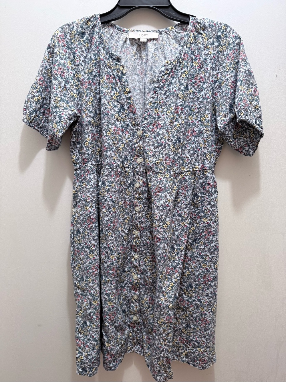 LOFT Blue Floral Button-Front Midi Dress